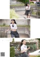 a woman in a school uniform is walking down the street